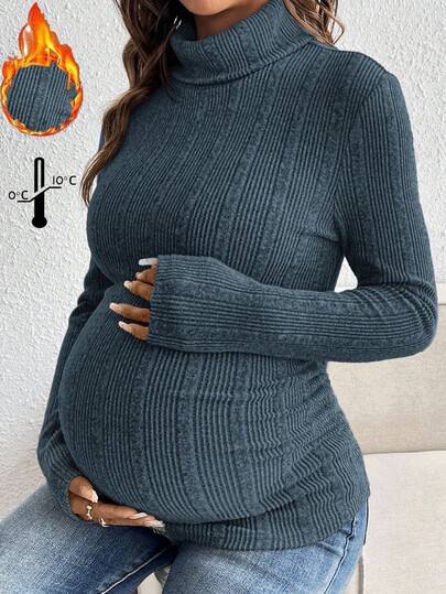 SHEIN Maternity Solid Color Minimalist Turtleneck Long Sleeve T-Shirt, Everyday Wear Pregnant Clothes 2 Piece Maternity Set Pregnant Dress Maternity Clothes Fall Winter Maternity Dress Blue