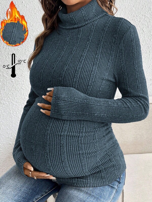 SHEIN Maternity Solid Color Minimalist Turtleneck Long Sleeve T-Shirt, Everyday Wear