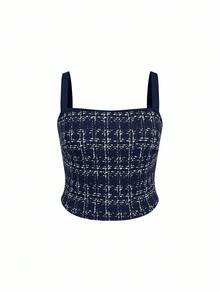 SHEIN Clasi Bộ đồ liền thân ống rộng không tay họa tiết kẻ caro cỡ lớn dành cho nữ, mùa thu, áo khoác kim loại một hàng khuy dài - Màu xanh hải quân - Xem 9
