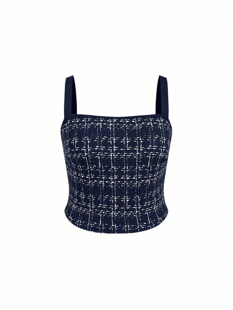 SHEIN Clasi Bộ đồ liền thân ống rộng không tay họa tiết kẻ caro cỡ lớn dành cho nữ, mùa thu, áo khoác kim loại một hàng khuy dài - Màu xanh hải quân - Xem 9