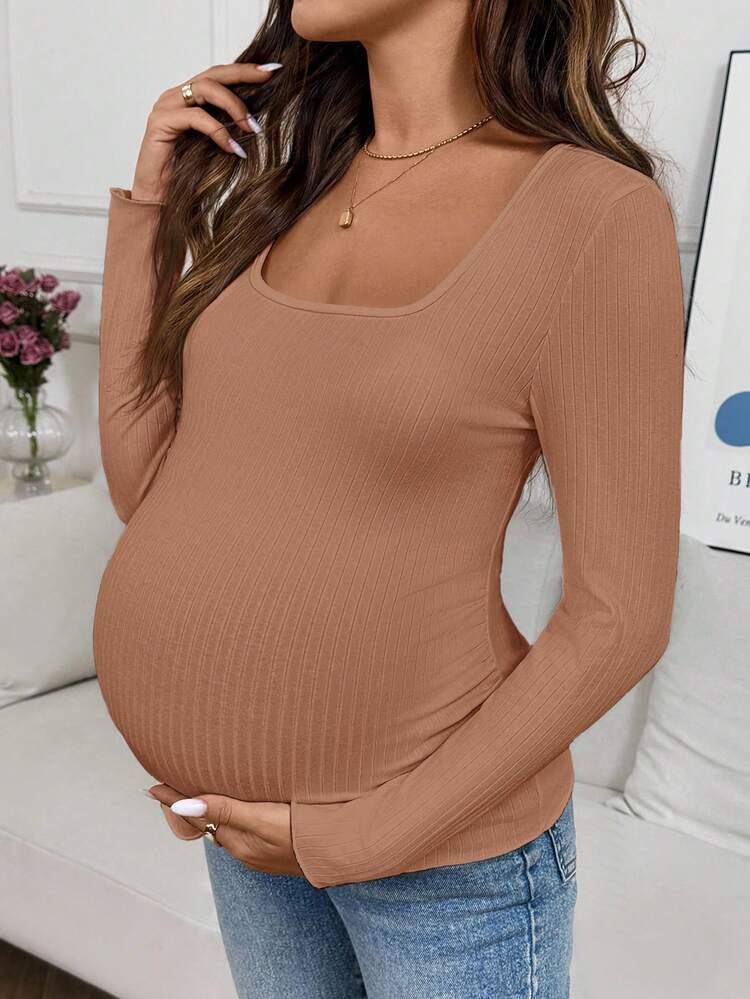 SHEIN Maternity Solid Color Square Neck Long Sleeve Ribbed Slim Casual T-Shirt Brown Long Sleeve Top - Brown - View 5