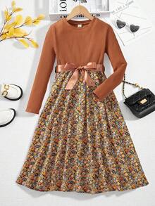 Firerie Kids Firerie Kids 青少年女孩休闲针织纯色拼布碎花圆领长袖连衣裙 - 彩色 - 查看 7