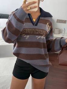 Livesso Women's Loose Business Casual Striped Letter Pattern Knit Pullover Sweater, Fashionable Street Style For School Season, Autumn/Winter - Blue - View 7