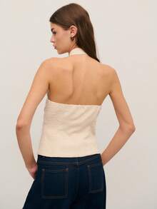 Nöista Sleeveless Halter Top Textured Fabric With Dot Patterns. Front Button Closure And Keyhole Neckline, Perfect For Summer , Evening Wear, Women, Spring. Women's Fashion. - Apricot - View 2