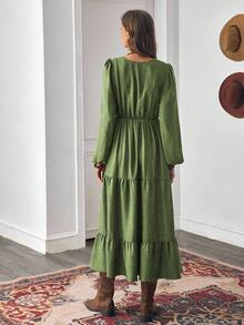 EMERY ROSE Damska jesienna sukienka w stylu boho, casualowa, w stylu wakacyjnym, w kolorze rdzawobrązowym, z dekoltem w serek i długim rękawem, w patchworkowym stylu - Wojskowa Zieleń - Zobacz 2