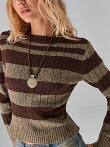 SHEIN TRNDY 1 件女式套头毛衣，棕色，复古简约通勤风格，圆领，拼色条纹长袖，针织，休闲，秋冬 - 棕色 - 查看 7