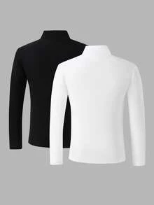 2pcs/Set Young Boy Autumn/Winter New High Neck Snug Fit Comfortable Versatile Base Layer Tops, Black & White Long Sleeve - Black and White - View 2