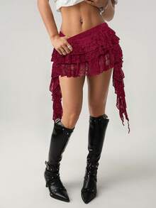 SHEIN ICON Low Waist Vacation Style Casual Sexy White Lace Ruffle Hem Mini Skirt With Safety Shorts To Prevent Upskirt - Burgundy - View 2