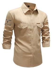 Manfinity Nomadique Men's Western Cowboy Style Casual Long Sleeve Shirt Beige Men Western Shirts Light Brown Shirt Men Cowboy Carter Shirt Cowboy Men Shirt Rodeo Shirt Men - Khaki - View 4