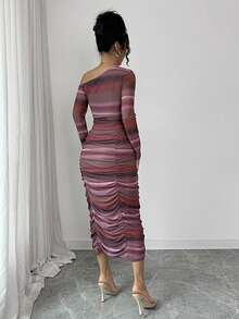 Rafferiza Women's Striped Asymmetric-Shoulder Long Sleeve Cropped Top And Pleated Midi Skirt Fitted 2 Pieces Set Elegant Midi Dress Sexy Curve Dress Slay Diva Dress - Multicolor - View 2