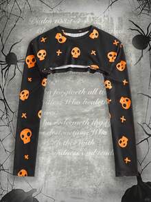 Shutterstock Y2Kool Women's Skull & Cross Short Crew Neck Long Sleeve Y2k Crop Top Graphic Crop Tops Y2k Tops Long Sleeve Crop Top Winter Stylish New Year - Black - View 1