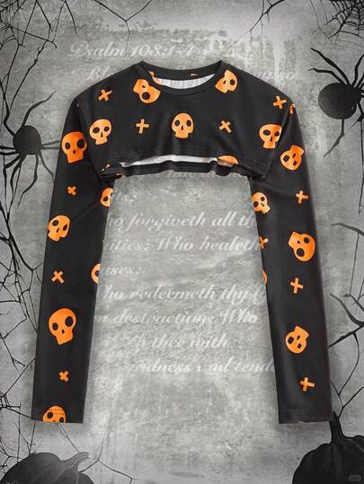 Shutterstock Y2Kool Women's Skull & Cross Short Crew Neck Long Sleeve T-Shirt Y2k Crop Tops Skull Crop Top Graphic Crop Tops Y2k Tops Long Sleeve Crop Top Winter Stylish Clothing Collection New Year Outfits