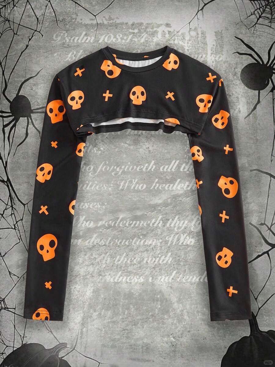 Shutterstock Y2Kool Women's Skull & Cross Short Crew Neck Long Sleeve Y2k Crop Top Graphic Crop Tops Y2k Tops Long Sleeve Crop Top Winter Stylish New Year - Black - View 1