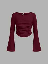 SHEIN Girlism Tween-Mädchen Figurbetontes, lässiges Langarm-T-Shirt mit Rundhalsausschnitt, Rüschen und ausgestellten Ärmeln