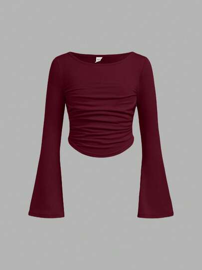 SHEIN Girlism Camiseta de manga larga con cuello redondo, ajustada y con volantes en las mangas para niña preadolescente