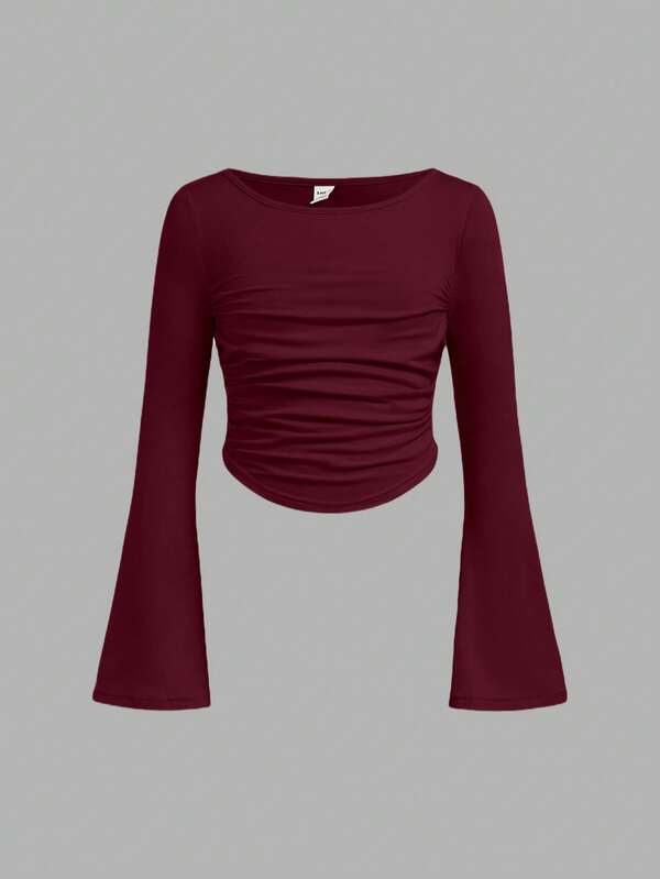 SHEIN Girlism Tween Girl Fitted Casual Crew Neck Ruffle Flare Sleeve Long Sleeve T-Shirt Long Sleeve Top Red Long Sleeve Top Crop Top Long Sleeve Crop Top Fitted Long Sleeve Top