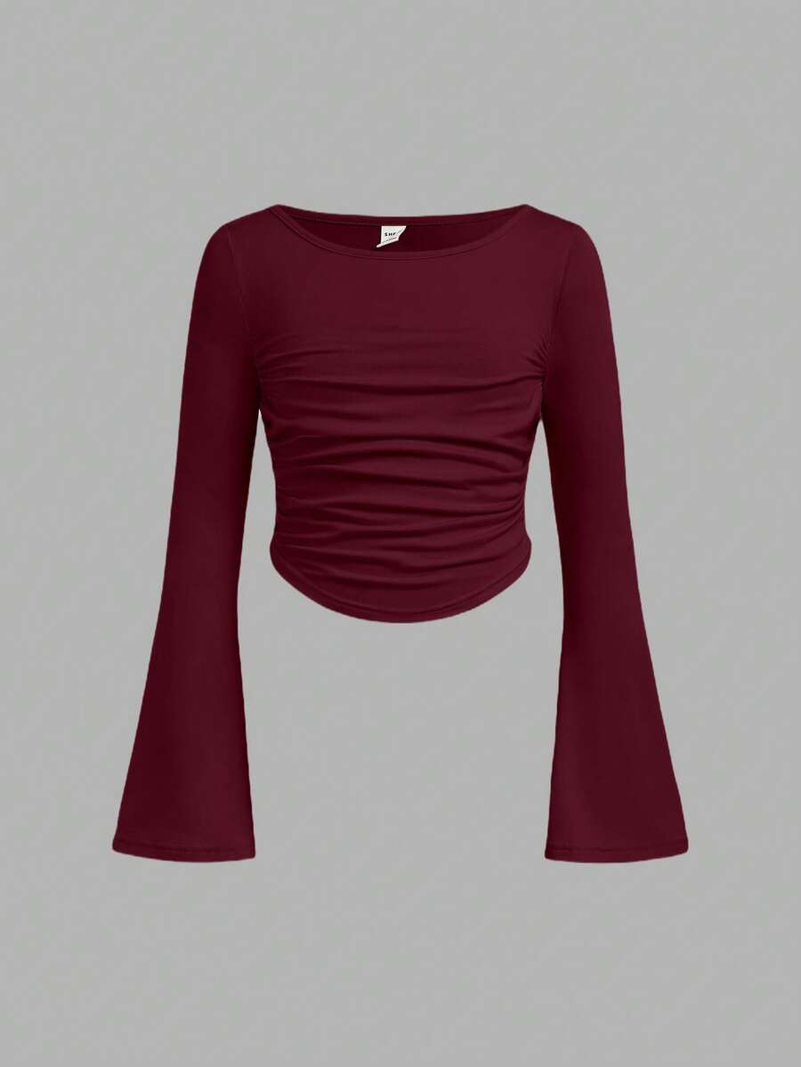 SHEIN Girlism 青少年女孩合身休闲圆领荷叶边喇叭袖长袖 T 恤 - 酒紅色 - 查看 1