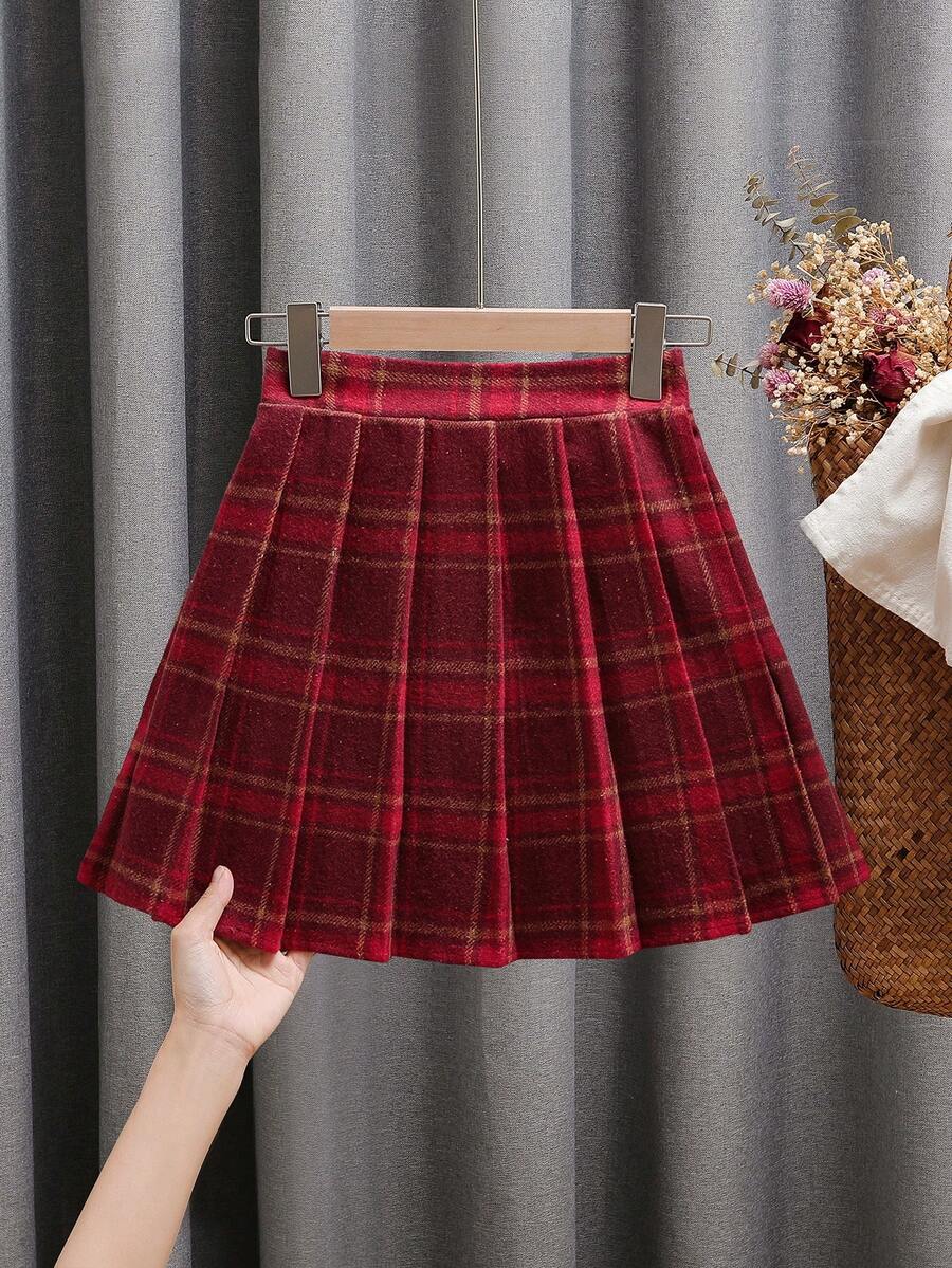 Sparklyn 时尚百搭女童复古红格子裙，新款时尚加厚百褶裙，适合少女 - 彩色 - 查看 1