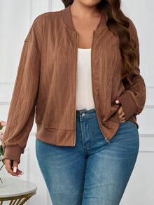 EMERY ROSE Chaqueta de béisbol casual con cremallera delantera, hombros caídos y textura geométrica para mujer de talla grande - Marrón - Ver 3