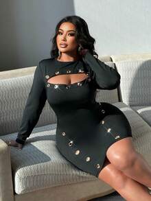 NU&NOW Plus Size Women's Solid Color Knit Elastic Fabric Round Neck Metal Button Decor Hollow Sexy Mini Dress, Sexy Bombshell Style, Party Dress, Date Dress, Clubwear, Bad Girl Style, Hip Hop Style