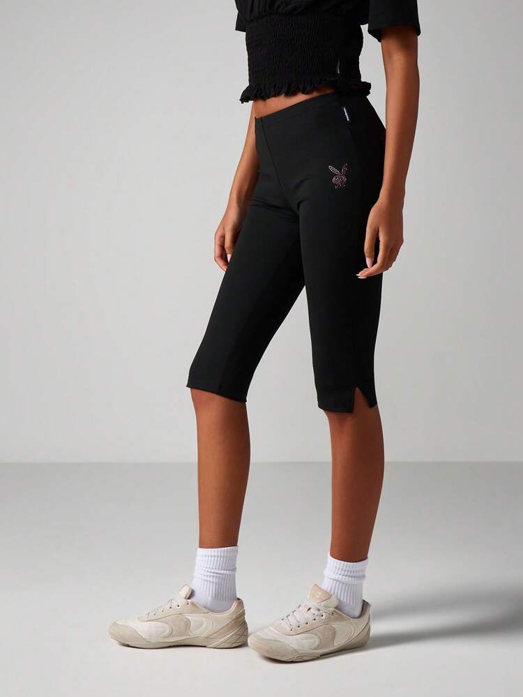 Missguided x Playboy Rhinestone Logo Capri Leggings With Studded Embellishment Details High Waisted Stretch Pants