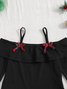 Modisches elegantes T-Shirt Set für Teenager Mädchen, weißes Strick-Top kombiniert mit schwarzem gewebtem Kuchenrock, Top verziert mit schwarzer Schleife, Rock verziert mit Perlen