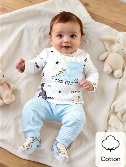 SHEIN Newborn Male Baby White Pit Pattern Cartoon Dinosaur Pattern Print Splicing Green Pocket Long Sleeved Top With Green Pants Two Pieces Set Cute Casual Sports Fashion New Item