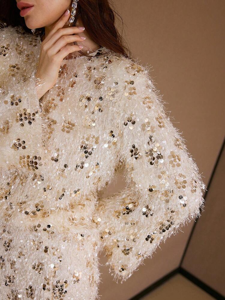 2PCS/SET MINIMALIST SEQUIN FUZZY TOP AND SKIRT SET, AUTUMN/WINTER