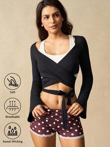 VARSIVA 交叉裹身喇叭袖短款运动 T 恤 - 黑色 - 查看 2