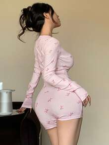 DAZY 女士碎花连体裤，紧身款，V领，长袖，适合春、夏、秋季穿着，女士连体裤家居服套装 - 淺粉色 - 查看 3
