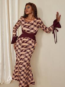 Eryvara 女士优雅时尚简约百搭通勤修身菱形格子撞色袖口蝴蝶结两件套，秋冬 - 彩色 - 查看 2