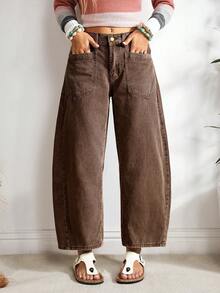 EMERY ROSE Quần jean nữ thời trang mùa hè đa năng thiết kế túi màu trơn - Cà phê nâu - Xem 1