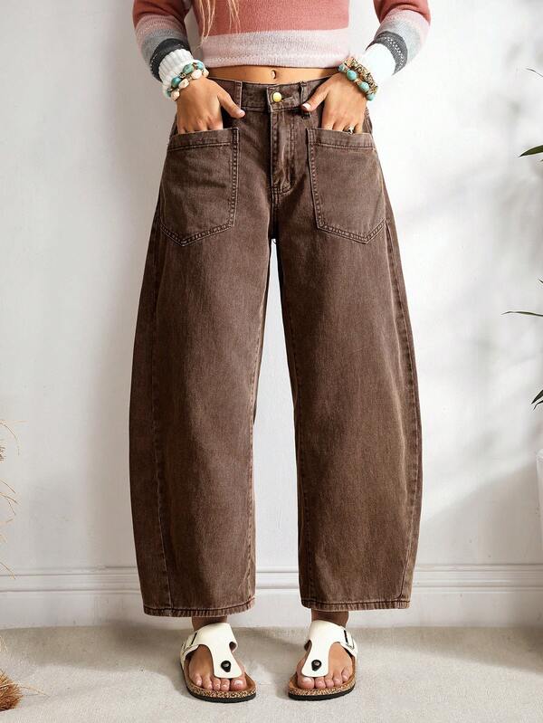 EMERY ROSE Women's Solid Color Pocket Design Fashionable Summer Versatile Jeans Brown Jeans Loose Jeans Wide Leg Jeans Brown Wide Leg Pants