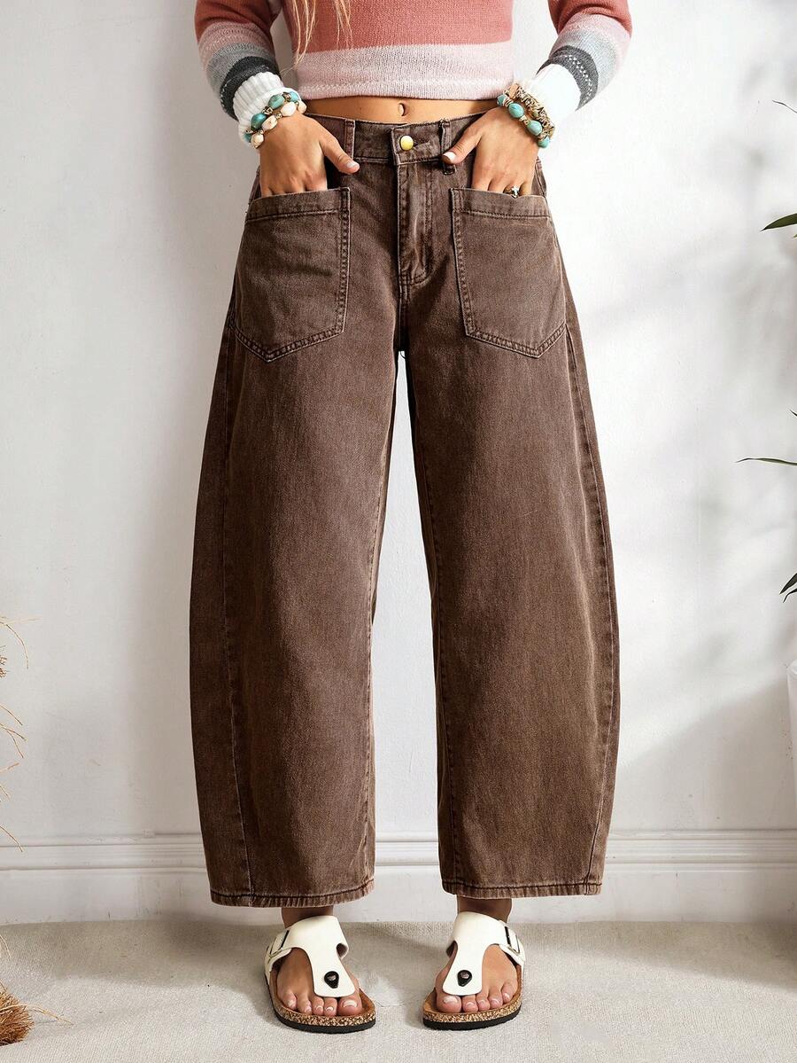 EMERY ROSE Quần jean nữ thời trang mùa hè đa năng thiết kế túi màu trơn - Cà phê nâu - Xem 1