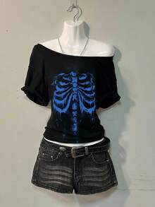 SHEIN EZwear Casual Minimalist Skull Print Dropped Shoulder Women T-Shirt, Suitable For Summer Graphic - Black - View 3