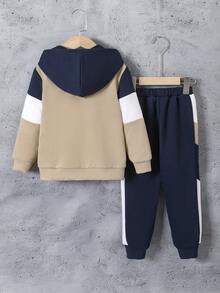 SHEIN Young Boy Collegiate Style Color Block Zip-Up Hoodie Set, Spring/Autumn - Multicolor - View 2