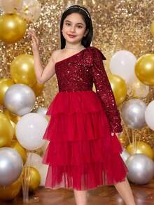 SHEIN Vestido formal con decoración de lazo y hombro oblicuo elegante para niña preadolescente, adecuado para fiestas y banquetes - Rojo - Ver 1