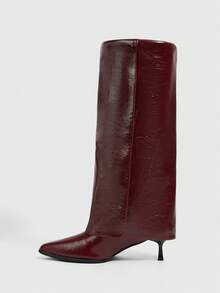 Daringsoles Pointed Toe Riding Boots, Fashionable Tall Metal Buckle Slim High Heel Straight Tube Leg Boots, Slimming Knee-High Boots For Christmas - Burgundy - View 7