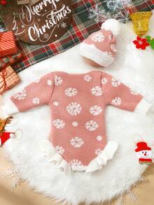 SHEIN 2Pcs Set Knitted Newborn Girl Romper With Matching Pom Hat Baby Girl Photography Outfits 1 Month 100 Days Baby Photo Shooting Props - Multicolor - View 4