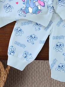 Set de 2 piezas de sudadera y pantalones a juego con estampado de conejo de dibujos animados lindo para niñas jóvenes, azul océano, conjunto casual cómodo para otoño/invierno - Multicolor - Ver 4
