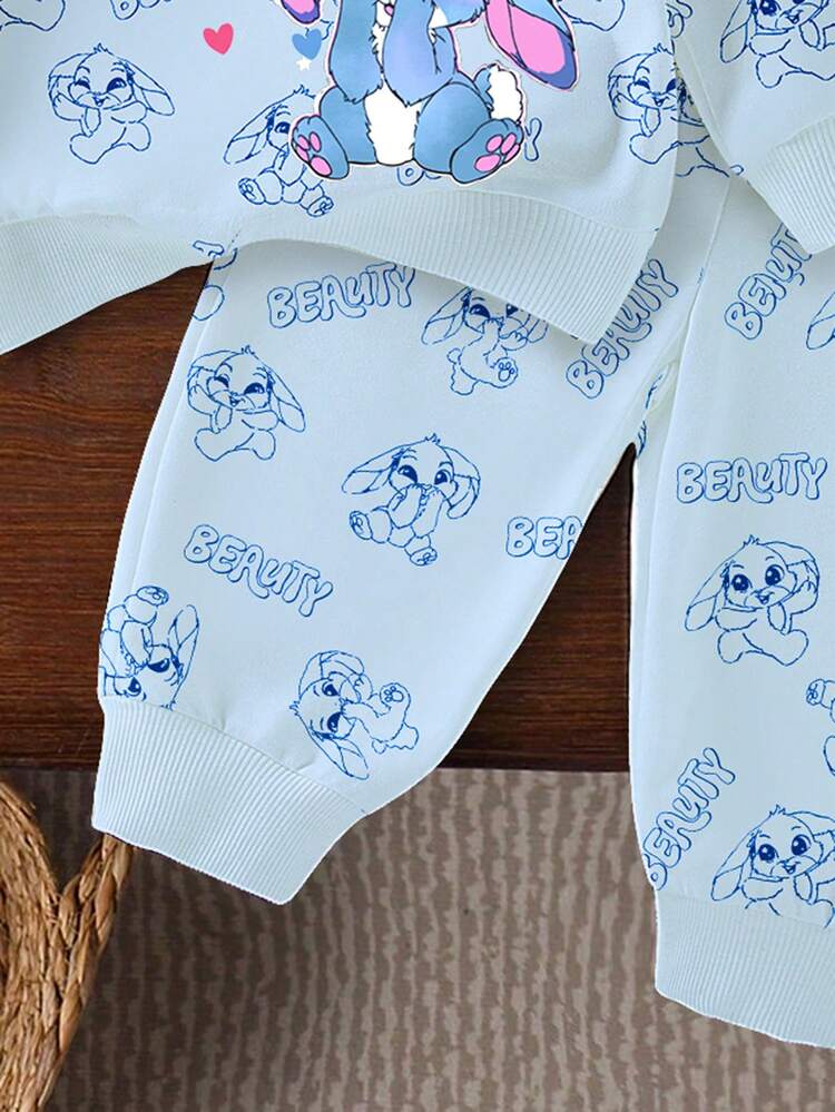 Set de 2 piezas de sudadera y pantalones a juego con estampado de conejo de dibujos animados lindo para niñas jóvenes, azul océano, conjunto casual cómodo para otoño/invierno - Multicolor - Añade 4