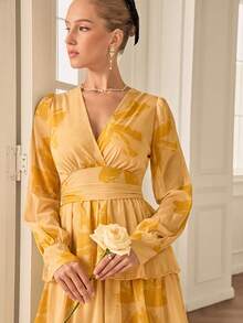 Chiquease Đầm xòe xếp tầng cổ chữ V tay dài bằng vải voan họa tiết cọ thanh lịch/In ngẫu nhiên - Màu vàng - Xem 6