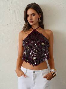 Aloruh 女士性感亮片露背吊带上衣，适合夏季海滩度假、波西米亚风热带度假、音乐会、锐舞节、乡村音乐会、伊比沙岛、纳什维尔等场合，以及西部牛仔风格活动。 - 酒紅色 - 查看 6