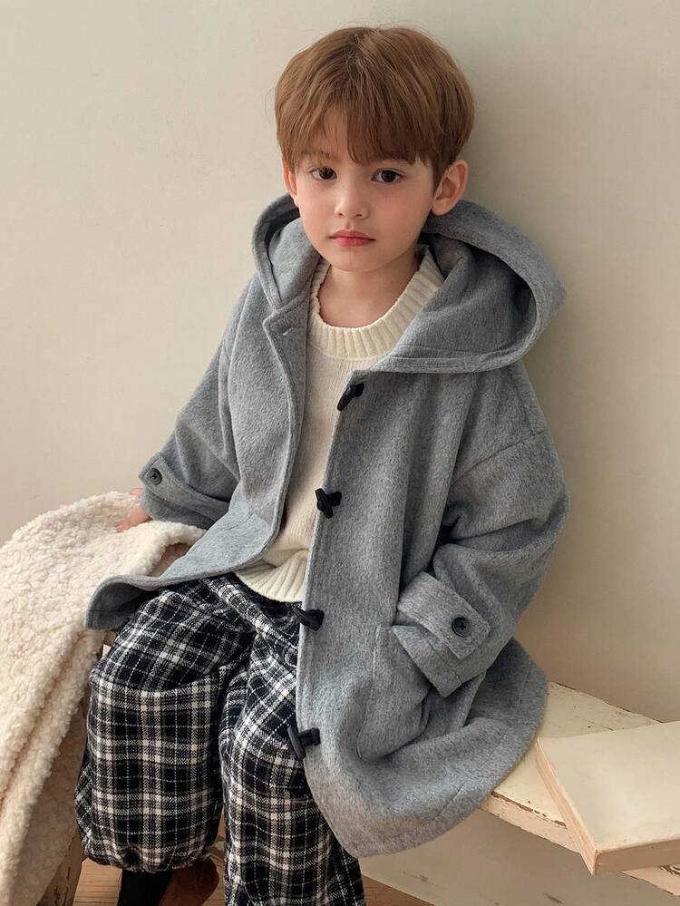 Young Boys Solid Color Single Breasted Hooded Overcoat