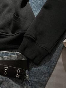 SHEIN EZwear Women's Floral Print Rhinestone Zipper Front Fuzzy Collar Casual Sweatshirt, Autumn/Winter Rhinestone Zip Up Cross Goth Style Rockstar Women Anime - Black - View 5