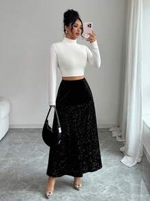 Rafferiza Women's New Fashionable Sequin Shiny High-End Solid Color Elastic Waist Skirt, Ideal For Parties And Dates, Luxurious And Elegant - Black - View 5