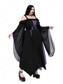 Whyspr Váy dài thắt eo họa tiết chắp vá màu tương phản phong cách Gothic cỡ lớn dành cho nữ - Màu tím hoa cà - Xem 3