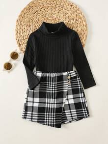 女婴可爱优雅针织黑色长袖T恤和格子松紧腰裙裤套装，秋冬 - 黑色 - 查看 5