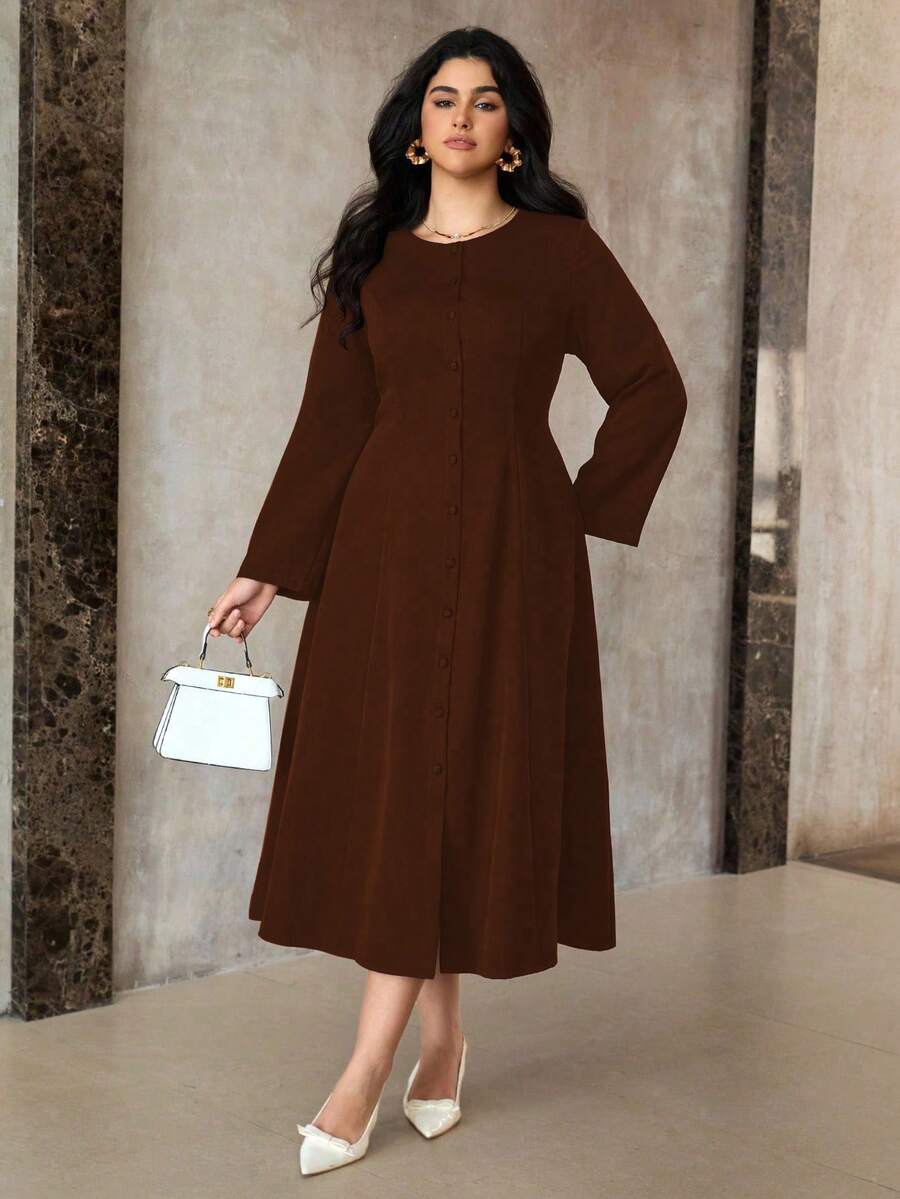 Roveilla Váy dài tay màu trơn cổ điển tối giản, bảo thủ, cỡ lớn dành cho nữ, mùa thu/đông - Màu nâu  Mocha - Xem 1