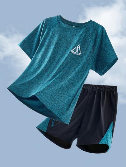 SHEIN Tween Boy Colorblock Pattern T-Shirt & Shorts Sports Outfit 2pcs Set